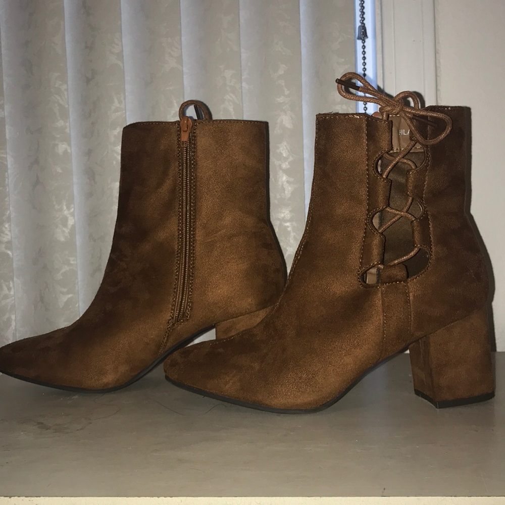 Reddish brown side lace up booties